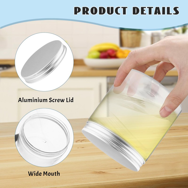 BOSMIOW 8Pcs 500ml/17oz Round Clear Plastic Jars with Aluminium Lids,Empty