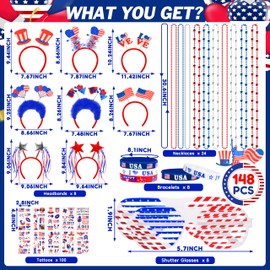 Paquete de 72 accesorios patrióticos del 4 de julio, incluyendo anteojos, collares, diademas, pulseras, tatuajes para decoraciones de fiesta del 4 de julio, día de la independencia, día de los Caídos