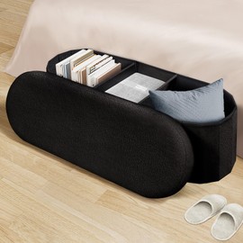 PINPLUS Storage Ottoman Bench Tufted Oval Ottomans Bench Foot Rest, Toy Chest Box Velvet Bench with Storage 43"x15"x15" (Black)