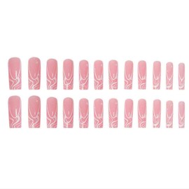 Foccna Square Press on Nails Long, Pearl Pink Fake Nails Acrylic False Nails,Artificial Nails for Women and Girls 24 pcs
