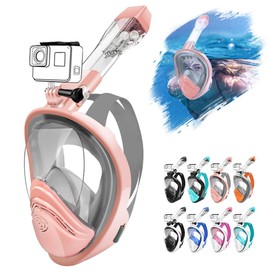HINATAA 180°Full Face Snorkel Mask,Double Floating Ball Design Anti-Leak Free Breathing,Full Dry Anti Fog Breathing System Snorkeling Mask,Professional Snorkeling Set (Grey Pink, S/M)