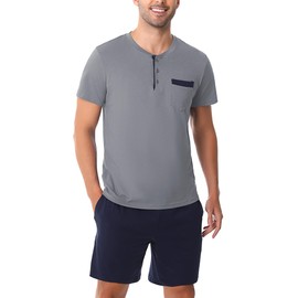 Aseniza Men's Short Pyjamas Cotton Button Placket Summer Shorty Pyjamas with T-Shirt and Shorts for Men, New blue