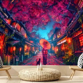 FENDROM Japanese Anime Tapestry Ancient Japanese Night Street Landscape Tapestries, Red Cherry Blossom Lantern Wall Hanging For Living Room Bedroom Dorm