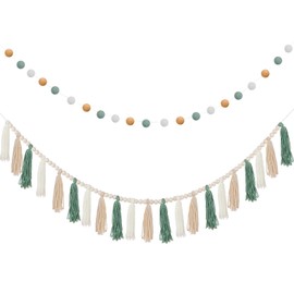 SmoothNovelty 2 Pcs Boho Tassel Garland Decor Include 1 Boho Tassel Garland with Wood Beads and 1 Colorful Pom Pom Ball Wall Hanging Banner for Nursery Classroom Baby Shower Decor(Sage Green)