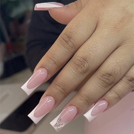 ANDGING French Tip Press on Nails White Square Medium Length Fake Nails with Glue Acrylic Butterfly Glue on Nails with Designs Gel Manicure False Nail for Women Classy Stick ons Nails for Wedding