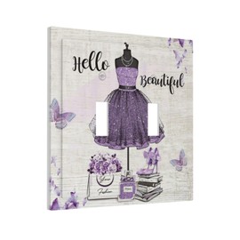 Purple Dress Fashion Floral Butterfly Double Toggle Light Switch Cover Decorative 2 Gang Wall Plate Electrical Faceplate Switchplate for Girl Bathroom Home Living Room Decor
