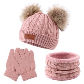 Yuoahcn 3 PCS Kids Winter Beanie Hat Round Scarf Gloves Set Thick Twist Knit Warm Toddler Winter Cap Gloves Neck Warmer for Boys Girls 1-8 Years (Deep Pink)