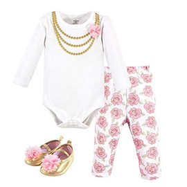 Little Treasure Unisex Baby Cotton Bodysuit, Pant and Shoe Set, Gold Roses, 12-18 Months