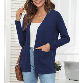MEILANZJ Womens Open Front Cardigan Sweater Womens Mid Length Cardigan with Pocket,Navy Blue,M