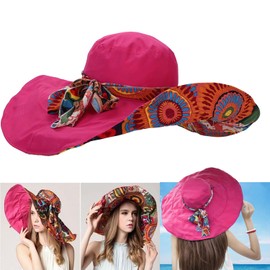 Reversible Large Brim Floppy Sun Hat Foldable Bucket Beach Hat Anti-UV Travel Boho Hat for Women Chin Strap Rose Red