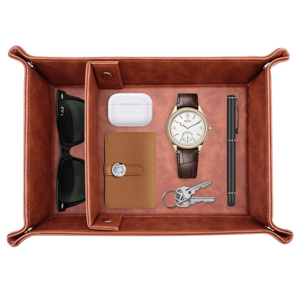 Diakey Leather Valet Tray for Men, 2 Slots Nightstand Organizer