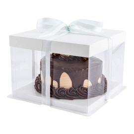 Restaurantware Sweet Vision 8.5 Inch x 6.75 Inch Transparent Cake Boxes 10 Grease Resistant Base Clear Cake Boxes - White Lid Gray Ribbon Plastic Birthday Cake Boxes For Weddings Or Birthdays