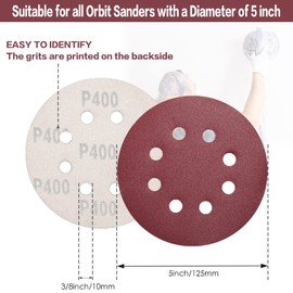 Stebruam Pack of 100 Sandpaper 125 mm Velcro 400 Grit, Professional 125 Sanding Discs Round 8 Hole for Orbital Sanders