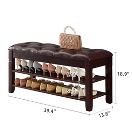 HOOTSMALL Shoe Storage Bench with Cushion, Entry Bench with Storage Solid Wood Shoe Bench Ideal for Entryway Living Room and Corridor (Brown 39.4'')