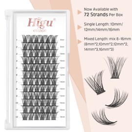 Eyelash Cluster Eyelash Extensions, 72 Pieces, 16 mm Cluster Eyelash Extensions, Thin Stem, Cluster Eyelashes, Individual Eyelash Clusters, Eyelashes, Wishes, Reusable (H-05, 16 mm)