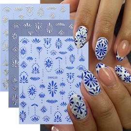 Nail Stickers for Nail Art Blue Nail Decals Bohemian Style Nail Design Sticker 6PCS 3D Self-Adhesive Blue Gold Nail Art Supplies Slider Manicure Accessories Retro Stickers for Women Nail Decor