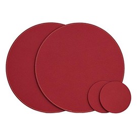Nikalaz Round Recycled Leather Placemats and Coasters, Placemats, Set of 2 Table Mats, Placemats 33 cm (Christmas Red)