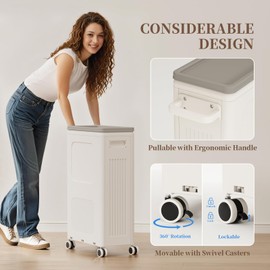 HAIXIN HOME Slim Laundry Hamper with Lid, 50L Plastic Tall Laundry Basket with Wheels, Compact Size for Narrow Space, Rolling Laundry Cart with Handle for Easy Transport to Laundry Room (2 Pack)