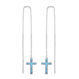 S925 Sterling Silver Classic Religious Christian Faith Hope Love Created Turquoise Cross Threader Drop Earrings for Women