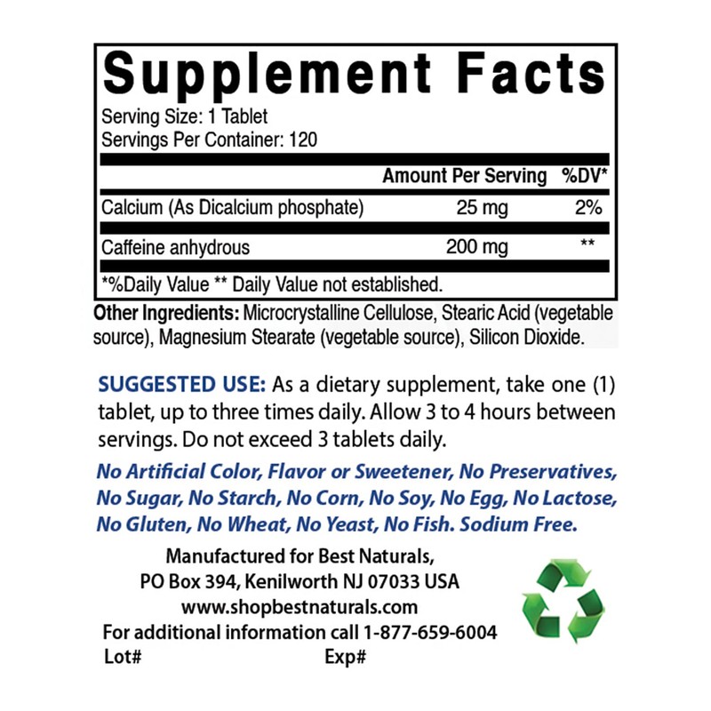 Best Naturals 3 Pack Caffeine Pills 200mg Tablets - Non