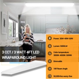 FaithSail Dimmable 4FT LED Wraparound, 4 Foot LED Light Fixture with 3 Watt/3 Lumen/3 CCT, 30W/40W/50W, 3500lm/4500lm/5500lm, 3000K/4000K/5000K, 48'' Flush Mount Light, Fluorescent Replacement, 4 Pack
