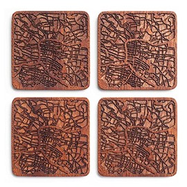 Glasgow Map, Sapele Wood Coasters, Set of 4, City Map, Multiple City Optional, Handmade