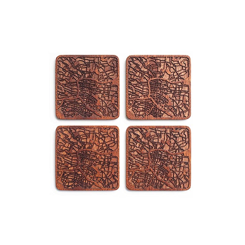 Glasgow Map, Sapele Wood Coasters, Set of 4, City Map,