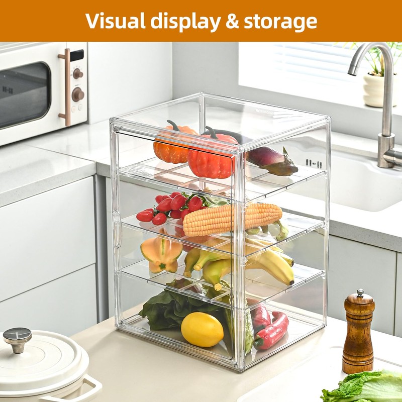 Pastry Display Case，4-Tier Adjustable Clear Bread Storage with Magnetic Door，Bread