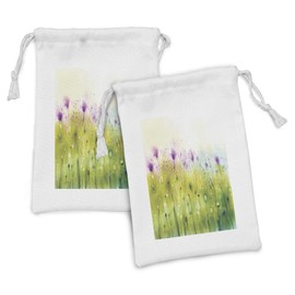 Ambesonne Watercolor Fabric Pouch Set of 2, Abstract Blurred View of Purple Cosmos Flowers Blooming Meadow, Small Drawstring Bag for Toiletries Masks and Favors, 9" x 6", Purple Apple Green White