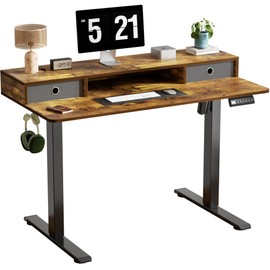 CROWNFURN Electric Standing Desk with Double Drawers,Adjustable Standing Desk with Storage Shelf for Home Office,with 3 Presets & 2 Hooks,48 Inch(Rustic Brown)