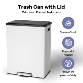 GarveeHome Step Dual Trash Can, 60L/16 Gallon Recycle Bins with Lid, 2 Removable Wastebusket, Step Pedal, Large Stainless Steel Double Trash Bin for Kitchen, Bathroom