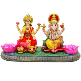 Indian God Ganesha Lakshmi Statue - 5.3”H Indian Idol Laxmi Ganesh with LED Diyas for Diwali Gifts Decor Home Office Mandir Temple Altar Puja Item Hindu Murti Pooja Sculpture