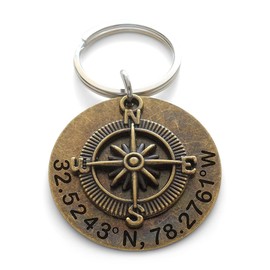 Custom Bronze Compass Keychain with Engraved Disc for Couples or Best Friends, Anniversary Gift Keychain