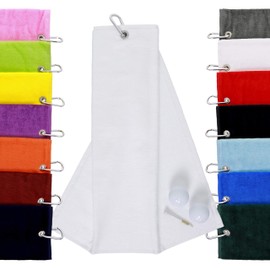 aztex Tri-Fold Golf Towel with Carabiner Clip, Cotton Velour, 590gsm, White