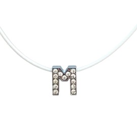 Initial Necklace - Letter - Name - Alphabet - Rhinestones - Letter M - Gift idea - White lace, Faux Leather, No Gemstone