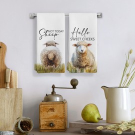 Qeheb Sheep Gifts Funny Hand Towels Set of 2, Hello Sweet Cheeks Not Today Sheep Botanical Decorative Hand Towels for Bathroom Decor, Funny Farmhouse Bathroom Decor, 16X24In Dish Cloths & Dish Towel