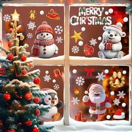 3D Christmas Window Stickers, 9Sheets Xmas Window Stickers Double-Sided Xmas Clings, Snowflake Santa Claus Reindeer Window Decal for Christmas Window Decoration