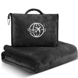 Fendox Travel 2-in-1 Travel Blanket and Pillow – Lightweight, Compact, Ultra Soft, Machine Washable – Handle, Luggage Sleeve, Backpack Clip – for Travel Airplane, Car, Office (Black)