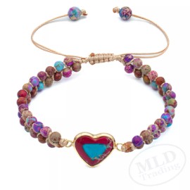 MLD Trading Adjustable 4mm Colorful Stone Bead Bracelet w/ Red Heart Charm – 17-29cm Braided