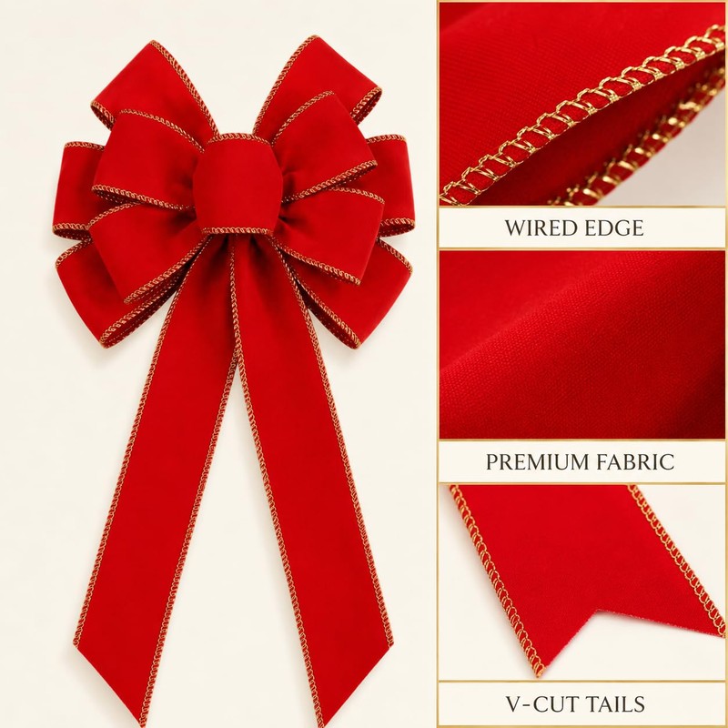 Large Red Velvet Christmas Bows with Gold Edge, 11.4 x