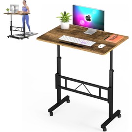 Klvied Small Standing Desk Adjustable Height, Mobile Desk for Sitting and Standing, Rolling Stand Up Desk with Wheels, Portable Laptop Table, Standing Computer Desk for Walking Pad (Brown)