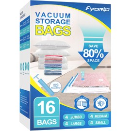 Fygrip 16 Pack Vacuum Storage Bags with Hand Pump, 4 Jumbo + 4 Large + 4 Medium + 4 Small Plastic Packaging Bags, 80% Space Saver Vacuum Seal Bags for Clothing, Travel Lugggage, Blankets, Comforters