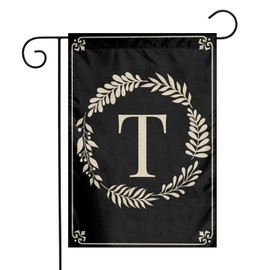 Monogram T - Bandera de jardín de doble cara para exteriores, letra de corona negra para jardín, patio, tamaño 12 x 18 pulgadas