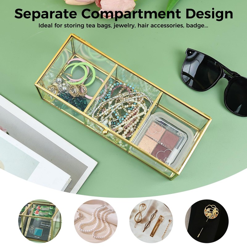 HighFree Gold Glass Tea Bags Box with 3 Compartments, Countertop