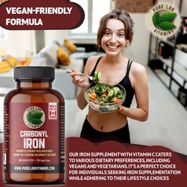 Pure Lab Vitamins - Carbonyl Iron Supplement - 90 Vegan Caps - Unique Formulation of Metallic Iron with Ascorbic Acid, Superior Bioavailability - Non Constipating, Supports Red Blood Cell Formation