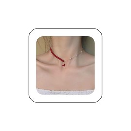 Andelaisi Boho Red Velvet Choker Necklace Vintage Pearl Heart Pendant Necklace Red Heart Necklace Love Heart Pearl Stitching Necklace Jewelry for Women