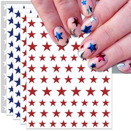 IDDFEVE 4th of July Nail Stickers, Laser Bright Red Blue White Star for Independence Day Patriotic Nail Decals, 3D Design Self-Adhesive USA Flag Glitter Star Nail Art (6 Sheets)