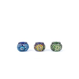 KAFTHAN Mosaic Glass Tealight Candle Holder Set of 3 - Decorative Unique Table Centerpiece for Wedding, Ball & Home - Lighting, Aromatherapy, Party & Gift - (2.4" x 2", Blue, Multicolor, Green)