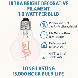 Festive Living LED Pink Flamingo Decorative Filament Light Bulb, G80 Globe, Medium E26 Base, 1W, Clear Glass, Indoor/Outdoor Tropical String Light Replacement - 1 Pack