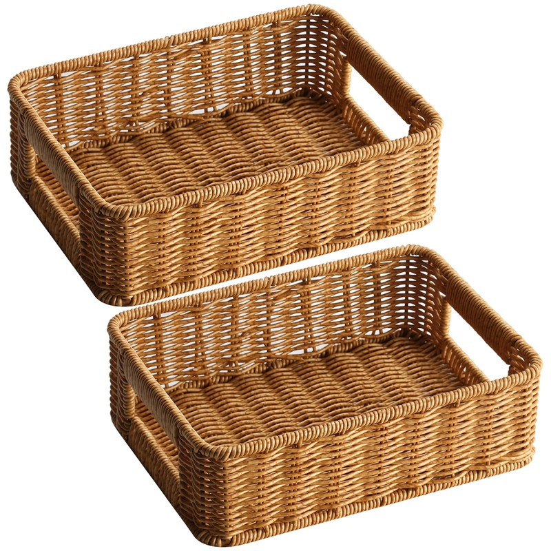 2 Pack Faux Rattan Serving Trays with Handles, Brown Plastic